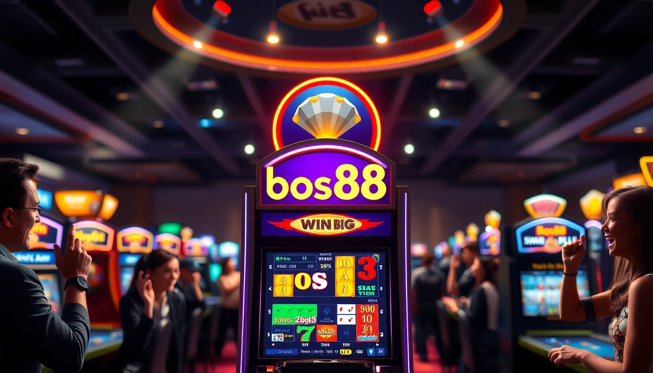 Menggambarkan keseruan bermain bos88 slot di kasino yang ramai dengan pemain bersorak.