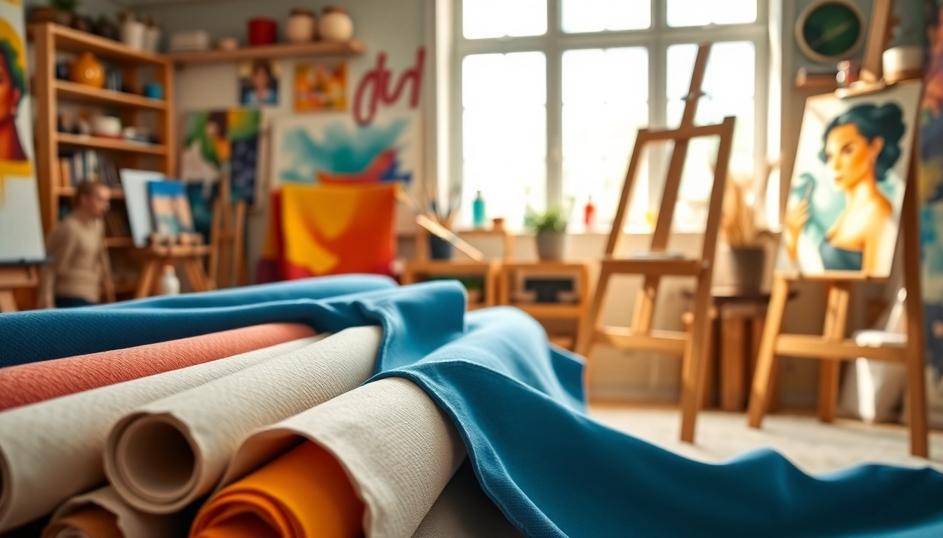 Canvasstoffen in een creatieve kunststudio met vrolijke kleuren en schildermaterialen.