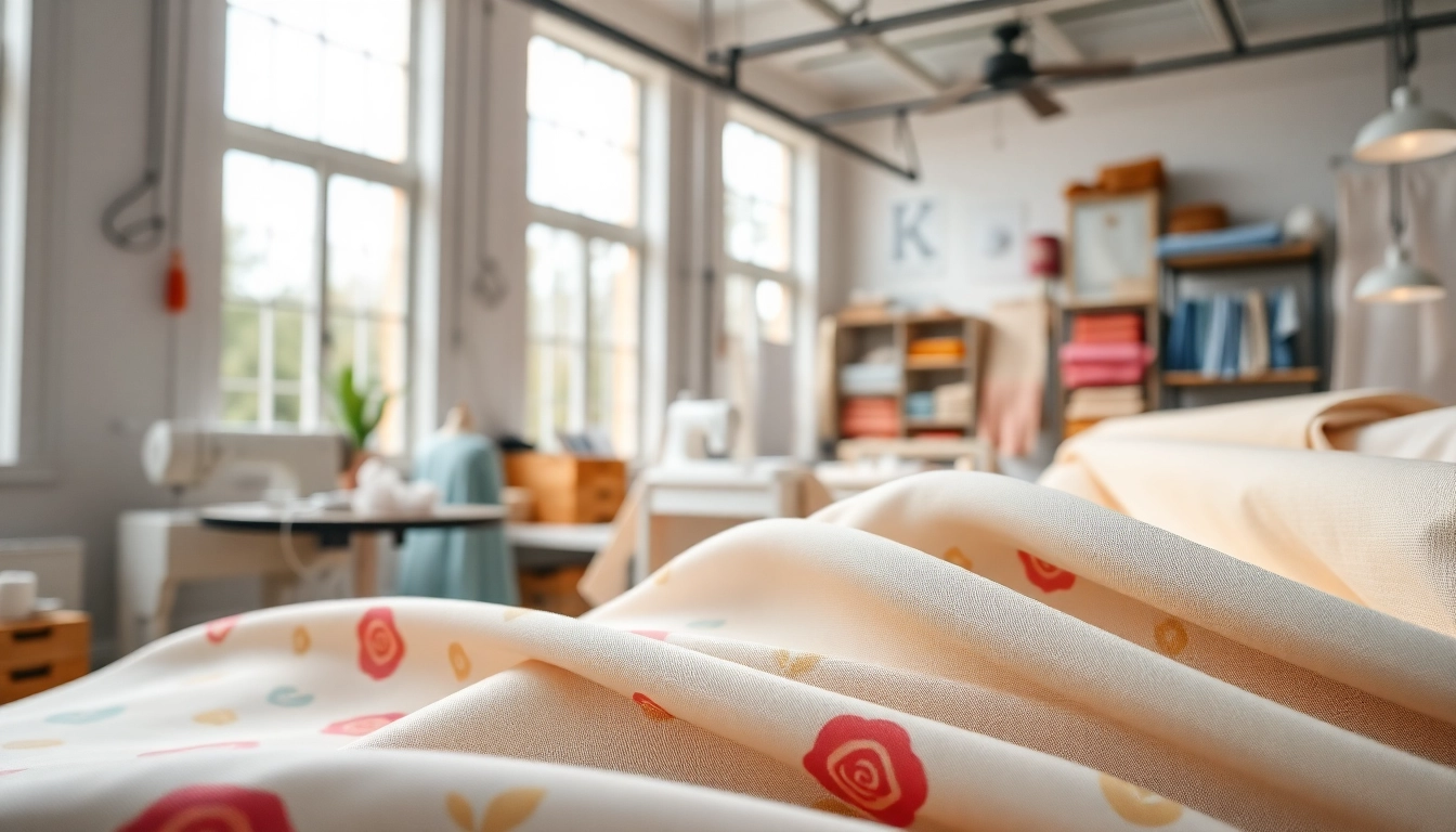 Katoen stof in een rustige textielstudio met creatieve elementen en gereedschap.
