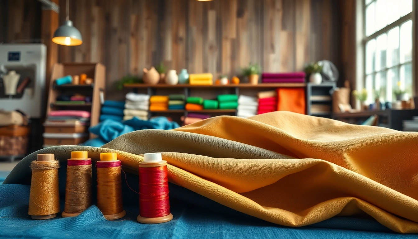 Canvas stoffen in een kleurrijke naaiwerkplaats met heldere lichten en creatieve accessoires.