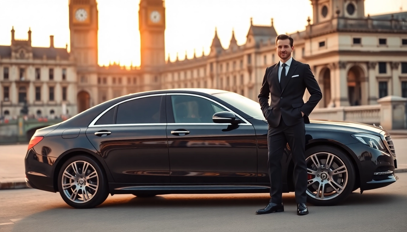 London chauffeur providing luxury service beside a sleek black car near Big Ben.