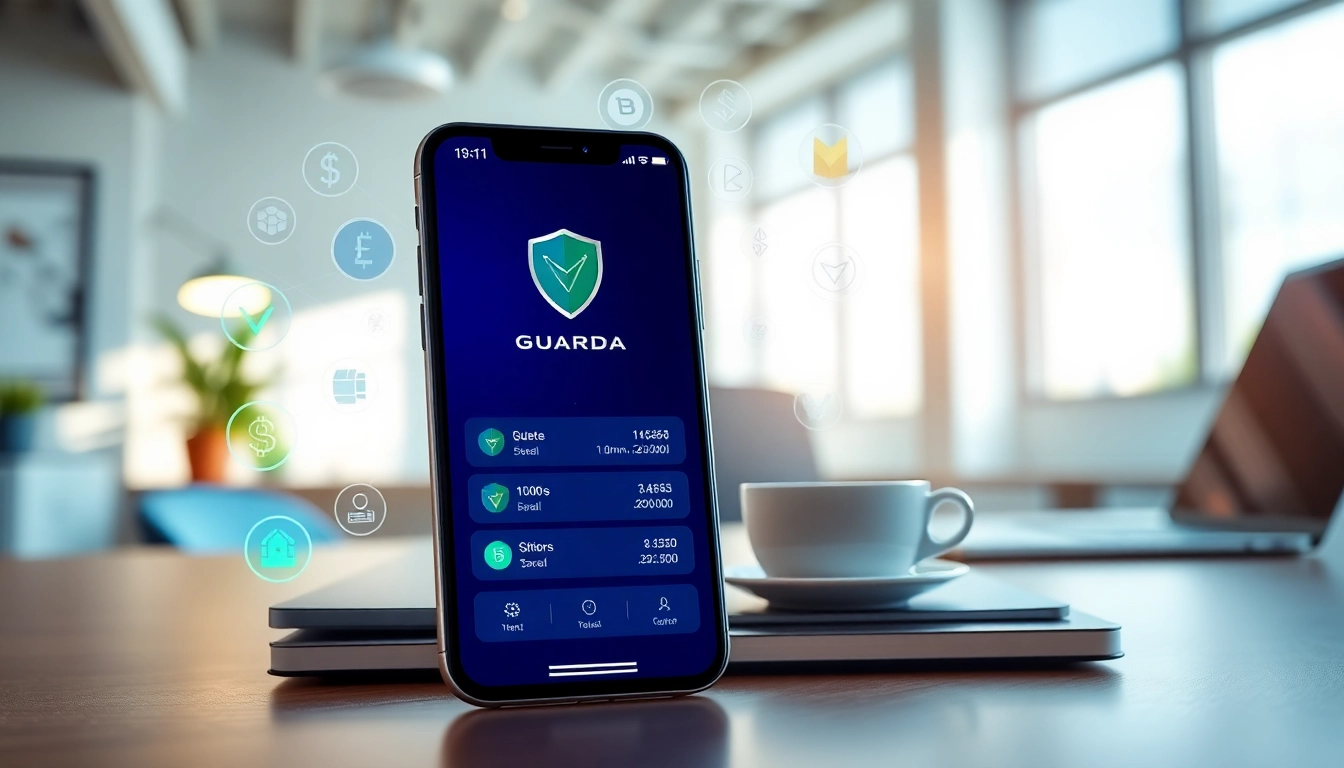Showcasing a guarda wallet interface on a smartphone among modern office tools.