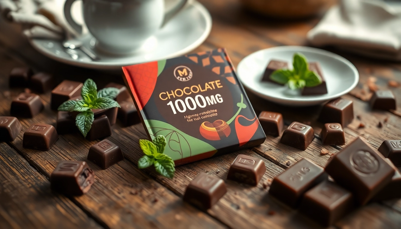Indulge in chocolate edibles 1000mg with elegant packaging and gourmet pieces, inviting taste.