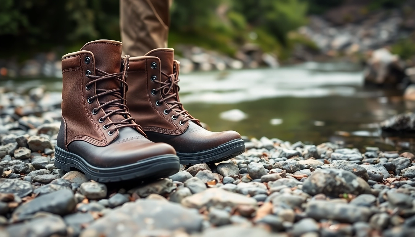 Angler wearing Fly fishing boots while navigating a rocky riverbed during fishing.