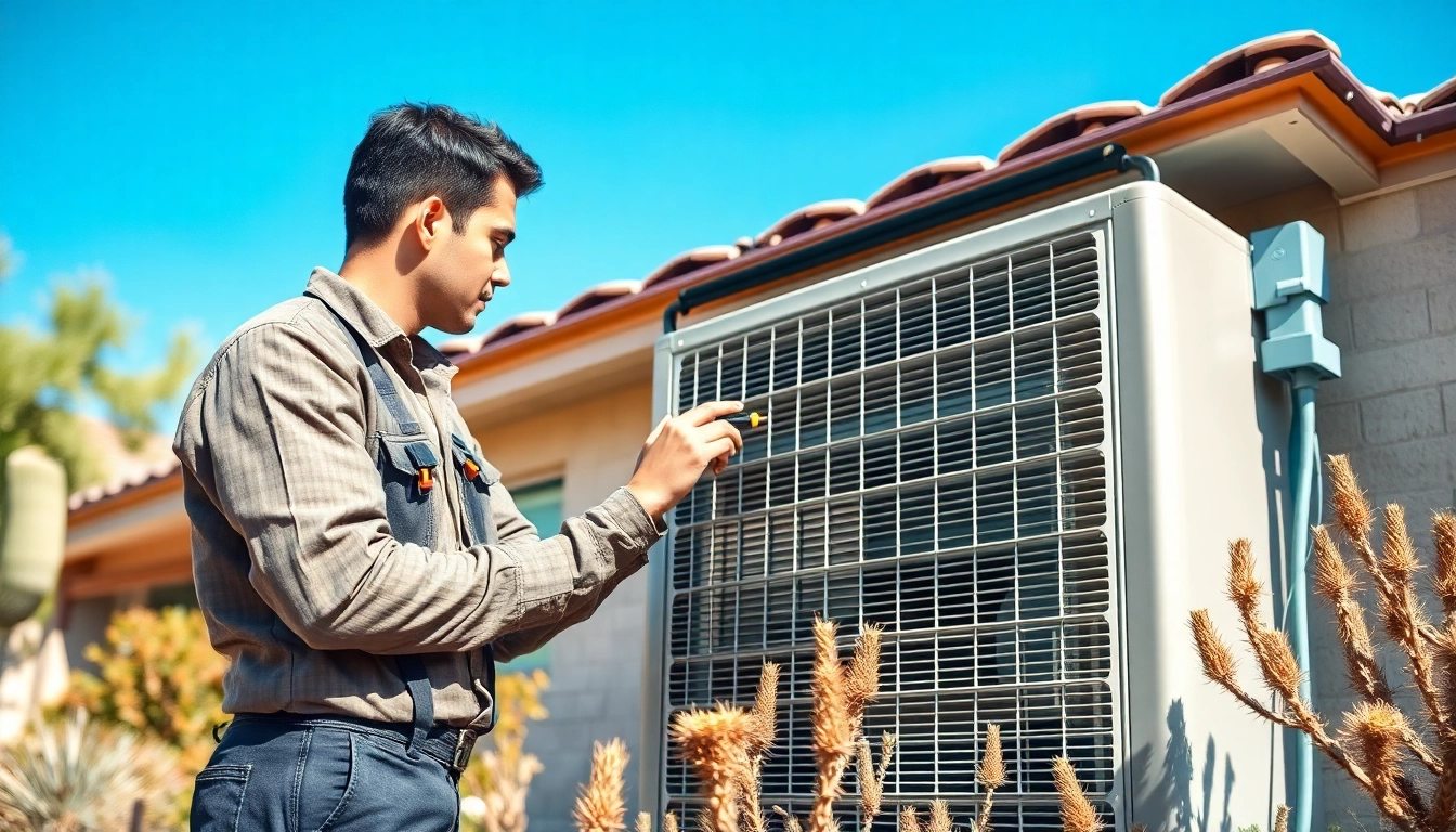 Technician performing ac repair phoenix az with precision in a suburban environment.